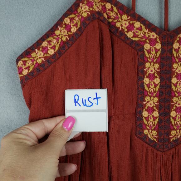 Maurices Size XS Strappy Back Mini Dress Burnt Orange Embroidered Trim Boho Fall - Picture 11 of 11